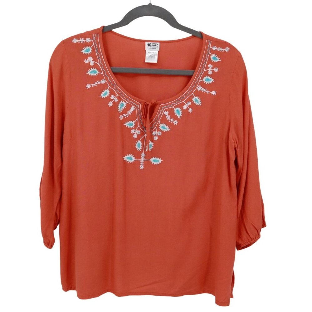 Gunit Fashions‎ Embroidered Top Womens 2X Orange Boho Resort Coastal Cottagecore